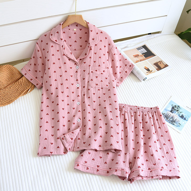 Summer 2-Piece Set 100% Cotton Gauze Short-Sleeved Heart Print Homewear Ladies Pamas Women Sleepwear