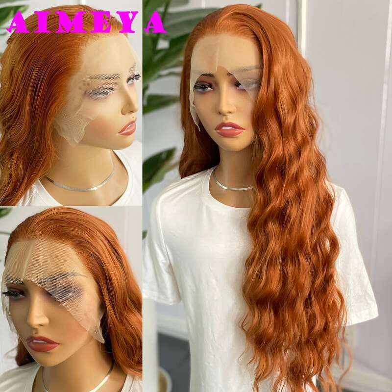 AIMEYA Ginger Lace Front Synthetic Long Body Wave Free Part Natural Haire Daily Use Orange Wig Heat Resistant Fiber