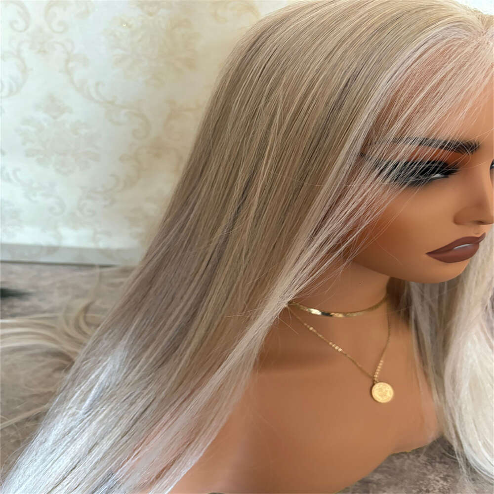 Ash Blonde Japanese Synthetic Fiber Platinum Highlight Lace Front Wig Soft Silky Ombre Human Hair Blended Wearing Everyday