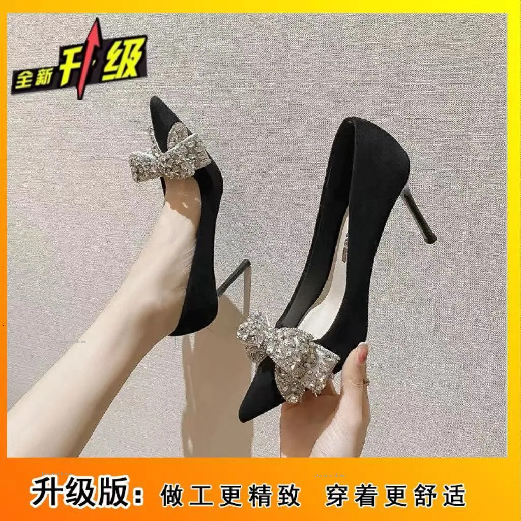 Heels French High 2024 Spring New Water Diamond Bow Crystal Black Temperament Celebrity Fine Heel Shoes Women's