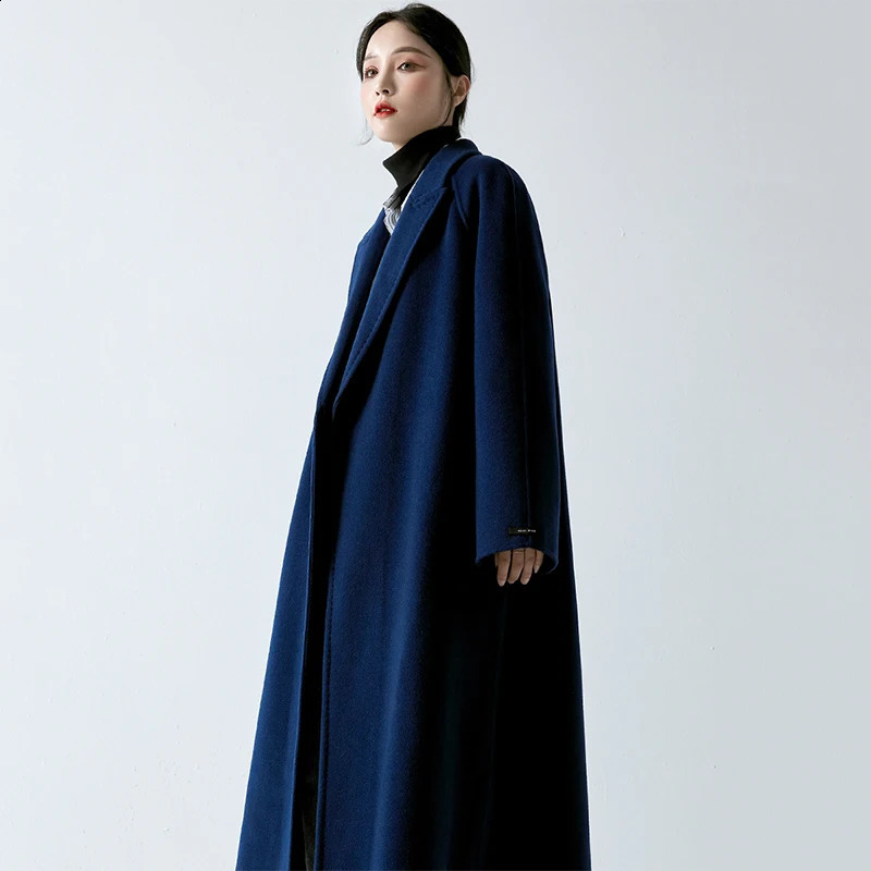 Navy Blue Double Face Wool Coat Women Autumn Winter Notched Collar Long Belt Overcoat Korean Style Vintage Woolen Coat 240911
