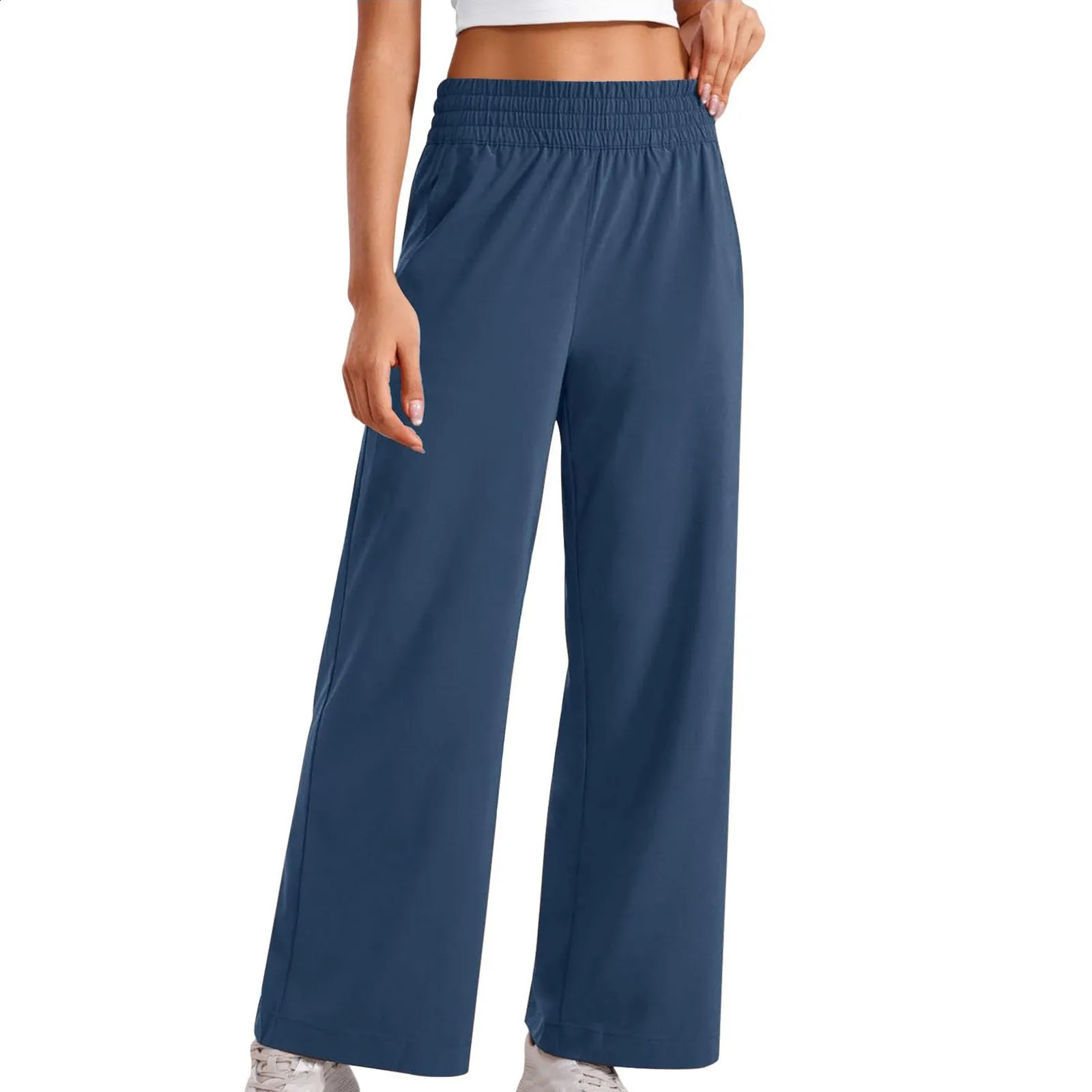 Womens Elastic Waist Casual Sports Pants Active Wide Strap Pocket Leg Trousers 240913