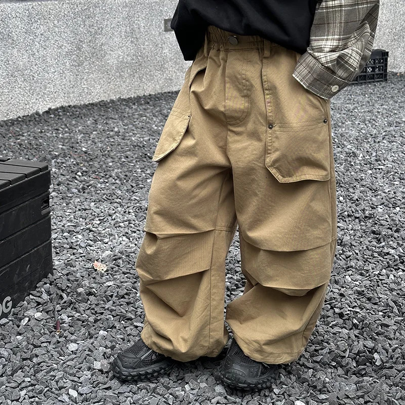 Kids spring summer loose Trousers boys and girls pockets decoration cargo pants 2--7Y 240906