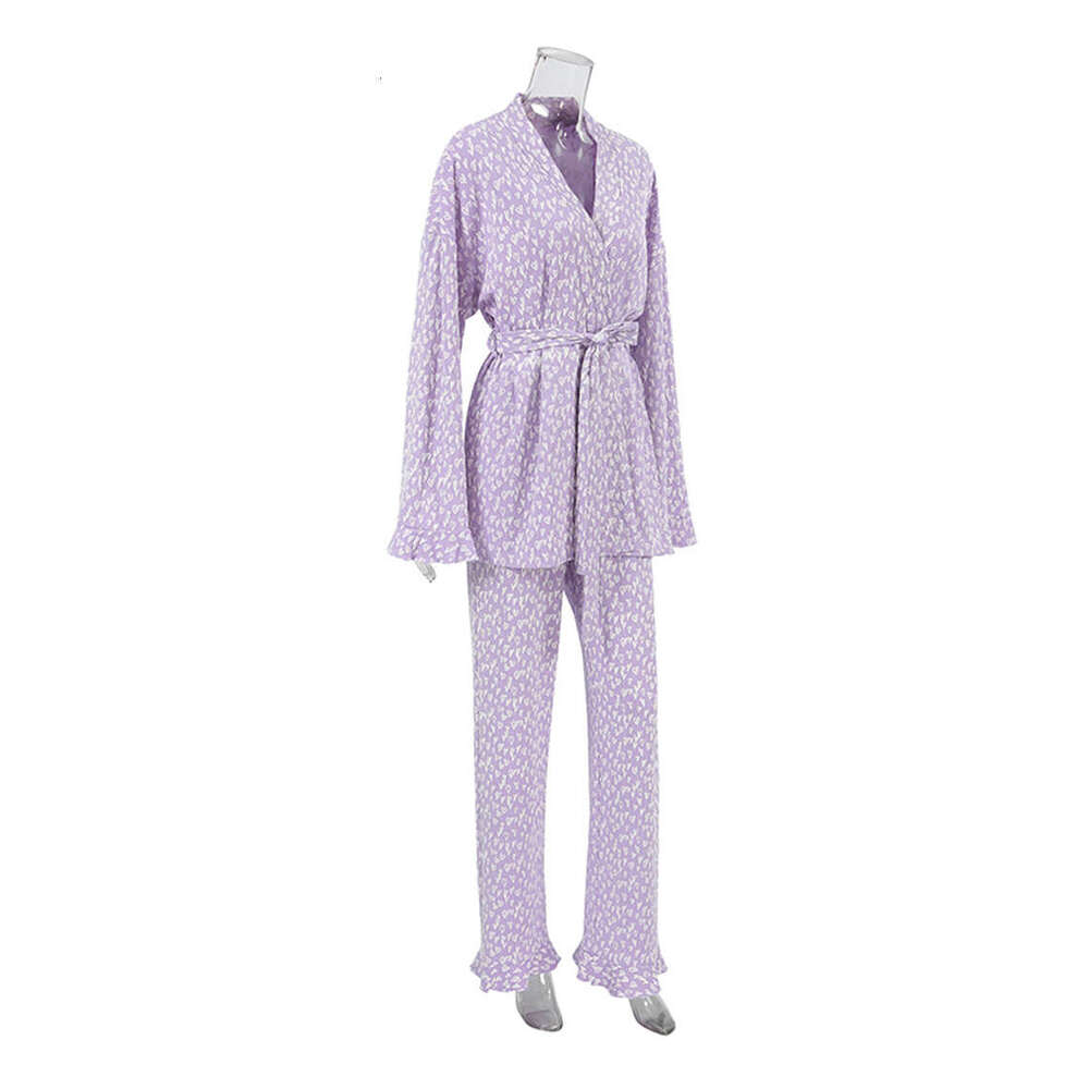 Marthaqiqi Printing Women Sleepwear 2 Piece Suit Sexy V-Neck Pama Long Sleeve Nightie Lace Up Pyjama Pants Femme Nightwear Set