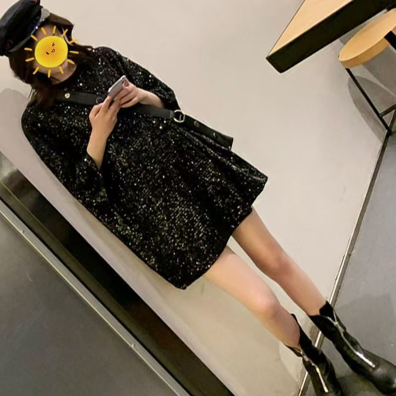 Korean version of spring and summer long bf wind loose half sleeve sequins thick designer T-shirt shirt shiny loose dress.