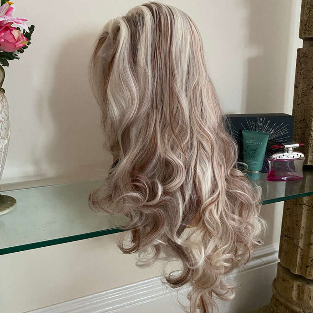 Blonde Brown Highlights Human Synthetic Mix Wigs Natural Haire 28Inch Heat Resistant Body Wave Lace Front Wig For Women