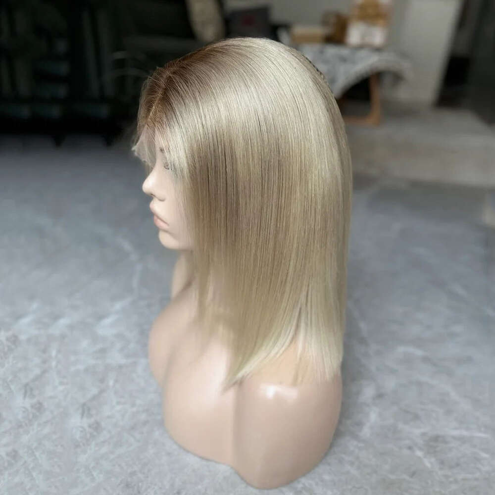 Ash Blonde Short Bob Synthetic Lace Front Wigs Silky Straight Dark Roots Melted Heat Resistant Cosplay Wig For Women