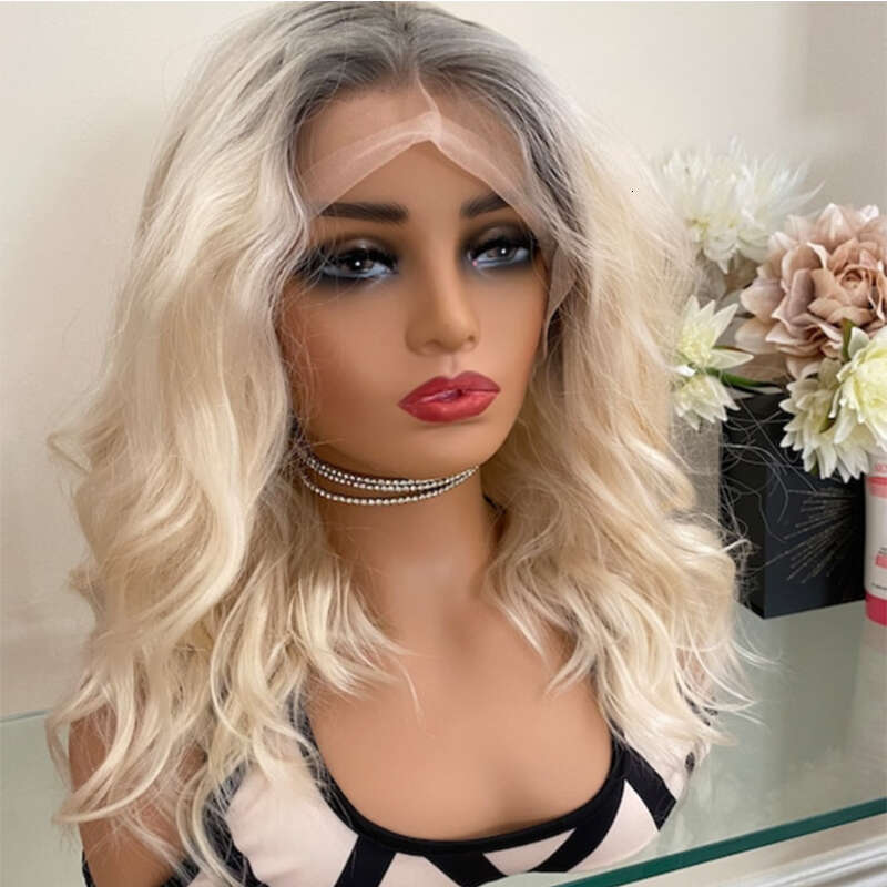 Platinum Blonde Lace Front Wig With Grey Roots Thick Shoulder Wavy Synthetic 16" 150% Density Ready To Ship 10% Human Hair