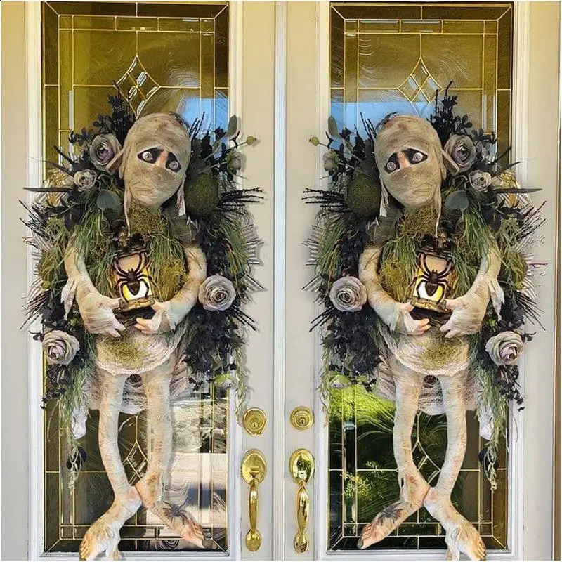 Beautiful Mummy Wreath Halloween Welcome Sign Door Wreath Front Door Ornament Scary Halloween Indoor Outdoor Decorations Wreath 240912