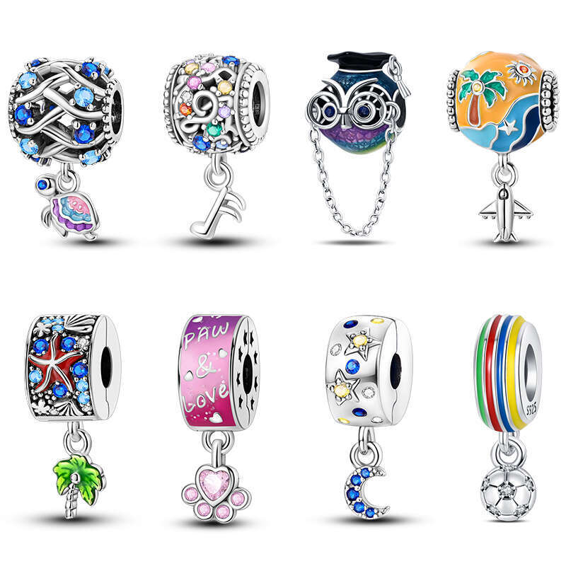 925 Sterling Silver Bunting Owl Ocean Beach Charms Beaded Pendant Fit Bracelets Fine DIY Jewelry Summer Gift