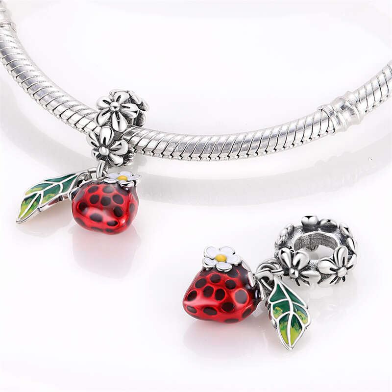 925 Real Sterling Silver Strawberry Lipstick Ladybird Red Charms Bead Fit Original Bracelets For women DIY Jewellery