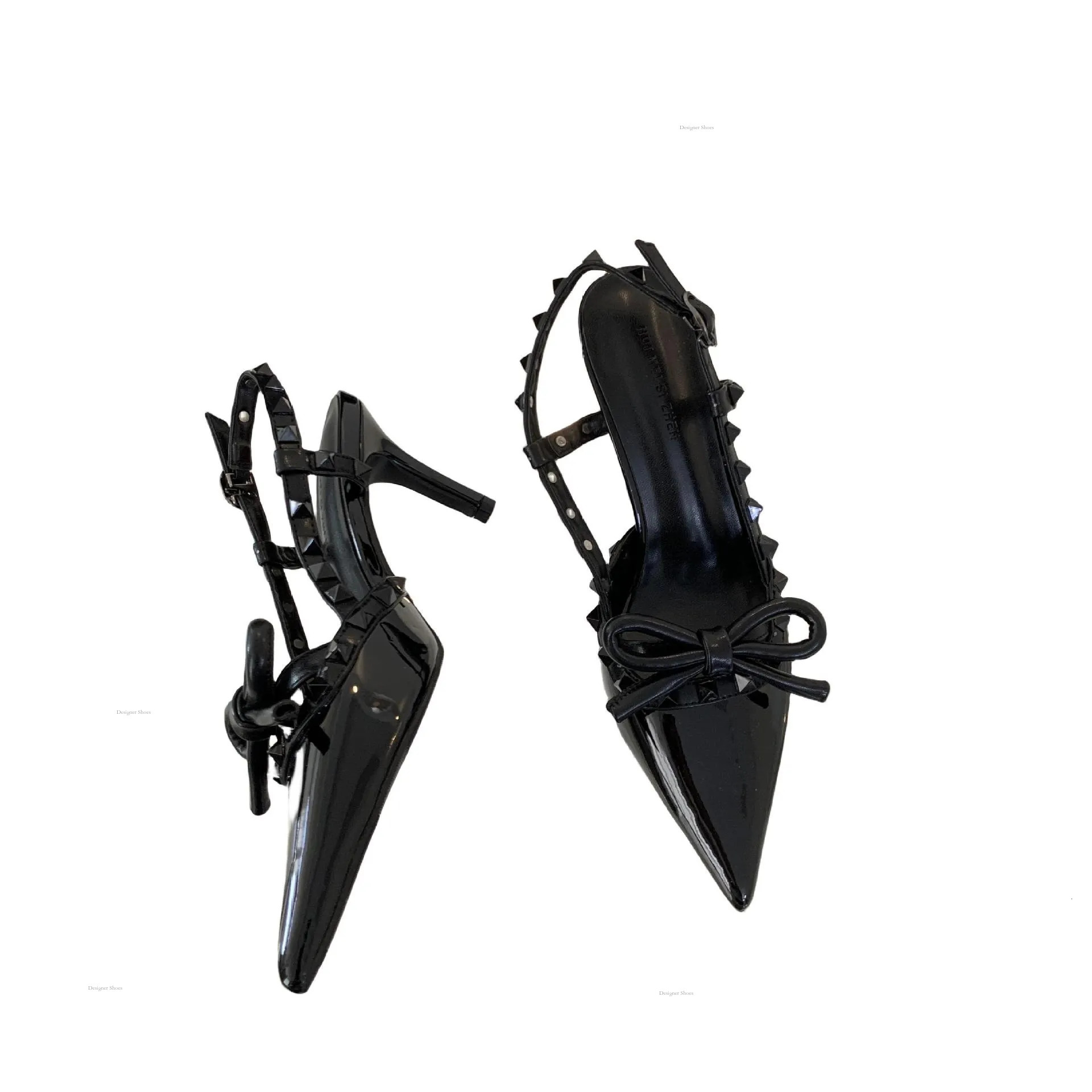 2024 New Pointed Free Shipping High Heels French Socialite Style Rivet Bow Toe Women's Singles Shoes