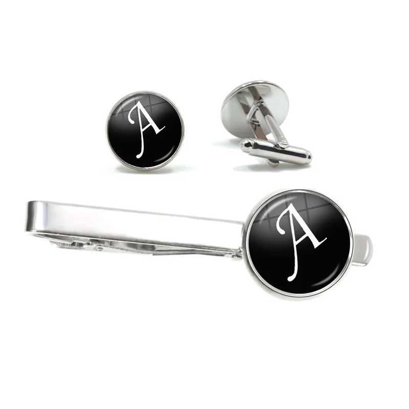 26 letter personalized mens tie clip and cufflink set shirt set cufflink wedding jewelry Fathers Day gift W240914