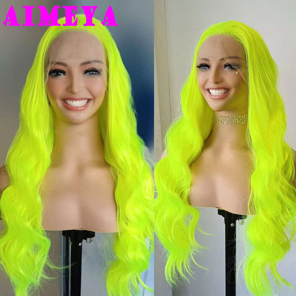 AIMEYA Neon Green Body Wave Front For Women Heat Resistant Synthetic Lace Wigs Daily Used Cosplay Wig Natural Hair