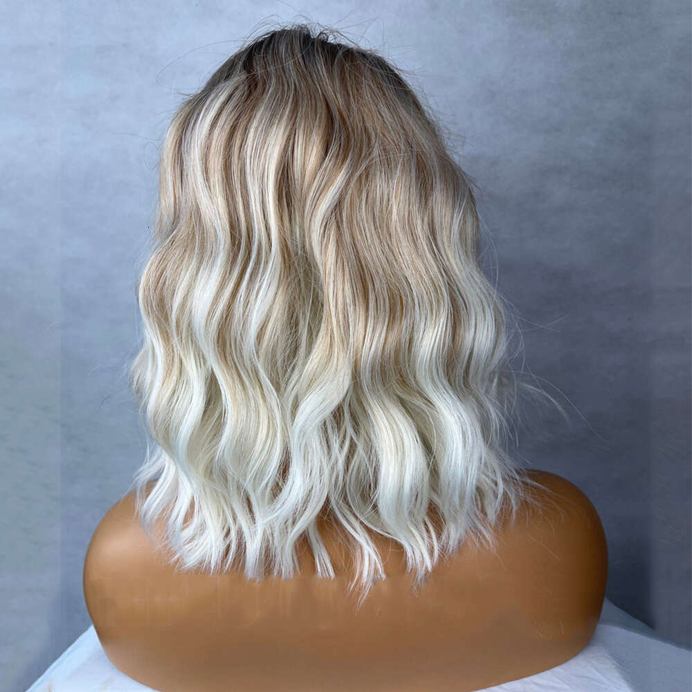 Ash Blonde Brown Balayage Highlights Strea 14 Inch Bob Wavy Lace Front Fringe Bangs Womens Wig Eye Catching Short