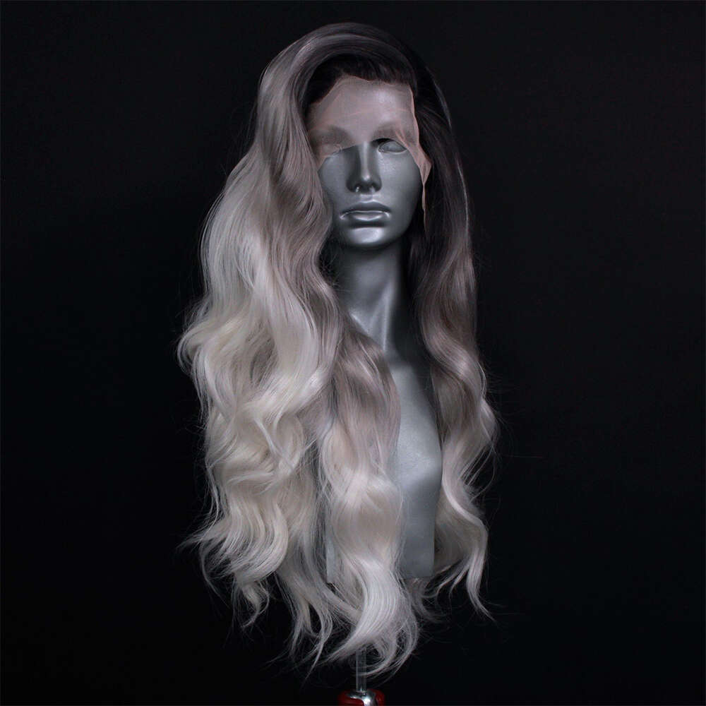 Rooted Dark Grey Into Platinum Sier Ombre Human Hair Blended Synthetic Lace Front Heat Resistant Loose Wand Wave Wig
