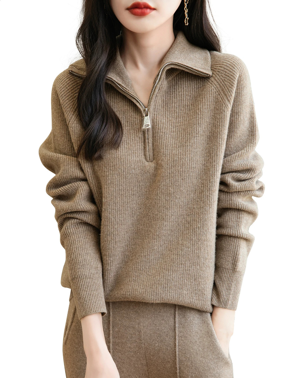 Turtleneck Womens Sweater 100% Merino Wool AutumnWinter Zipper Floral Casual Long Sleeve Knitted Top Clothing 240906