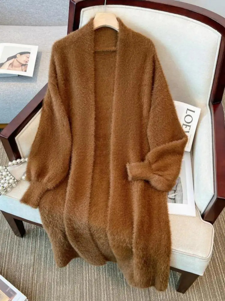 Korean Fashion Brown Mink Sweater Cardigan Coat Women Autumn Beige Loose Soft Top White Long Knitted Jacket Simple 240904