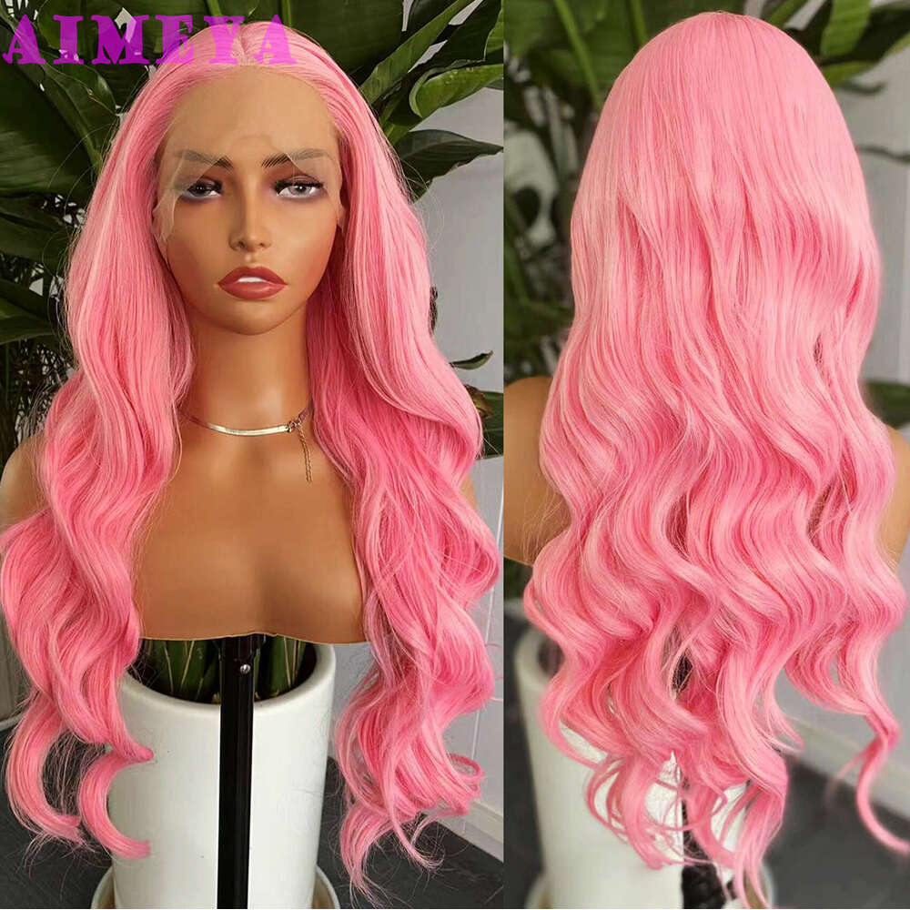 AIMEYA Lace Front For Women Girls Middle Part Long Body Wave Pink Wig Heat Resistant Synthetic Hair
