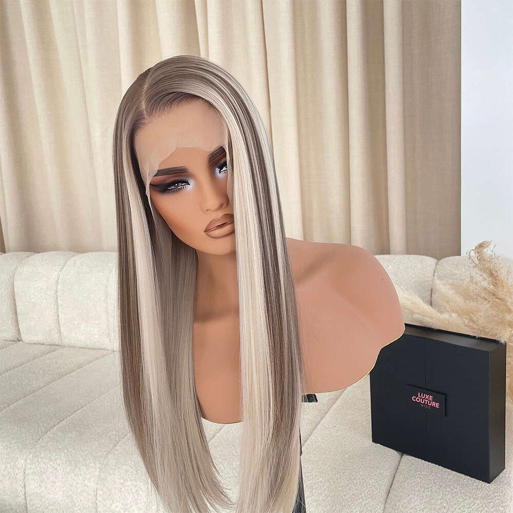 10% Human Hair Blend Highlighted Lace Frontal Chocolate Brown Melting Roots Heat Friendly Synthetic Fiber Straight Wig