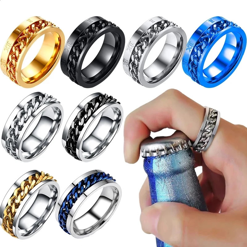 Steel Rotatable Chain Rings Men Women Stress Ring For Anxiety Couple Jewelry 8mm Corkscrew Multifunctional Gift 240906
