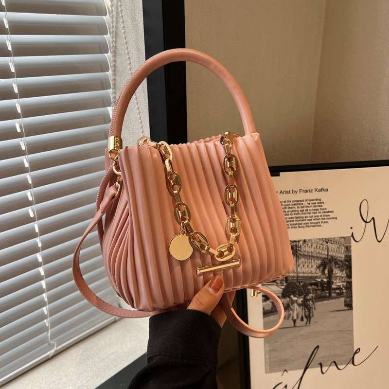 Handheld Pleated Bag Women's Bucket Bag One Shoulder TLXT Crossbody Bag Pleated Leather Crossbody Bucket Purse with Adjustable Strap