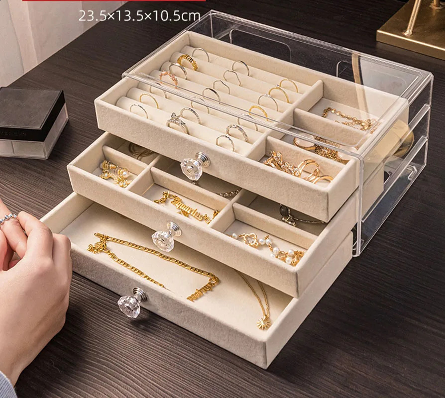 Large Capacity Jewelry Box Three-Layer Drawer Earrings Necklace Flannel Storage Case Compartmentalized Jewelry Organizer Display 240910