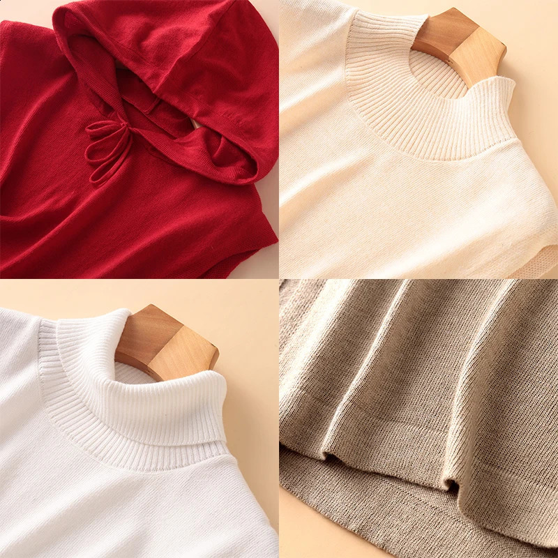 Sparsil Women Cashmere Wool False Collar Autumn Winter Knitted Warm Hooded Scarf Turtleneck Ring Scarves Solid Soft Pullover 240909