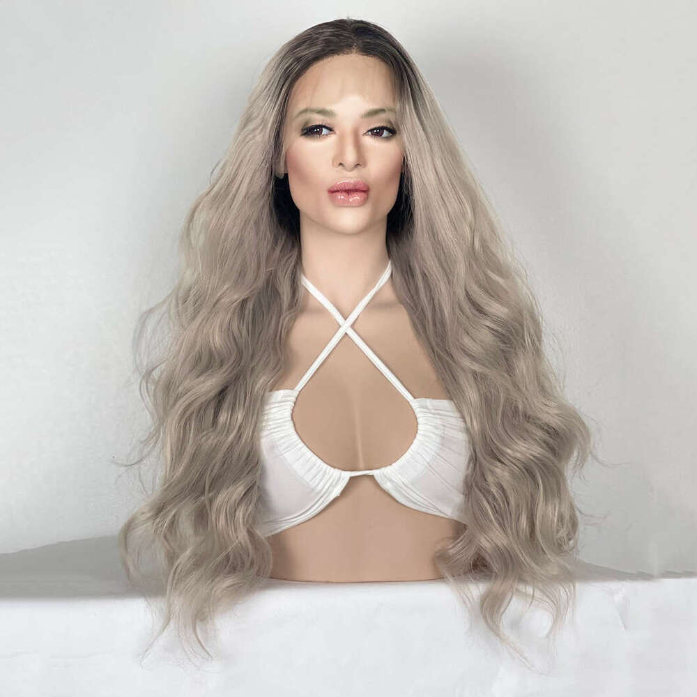 Heat Resistant Synthetic Platinum Ash Sier Blonde Light Gray Ashy Wavy Long Human Hair Blend Front Wig HD Lace