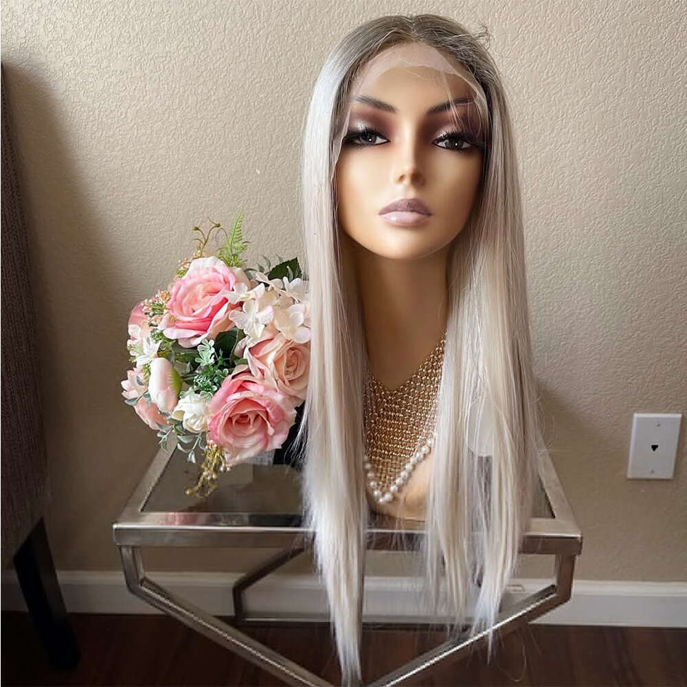 24'' Synthetic Platinum Blonde Ombre Straight 10% Human Hair Lace Front Wig Heat Resistant Fiber Daily Wear