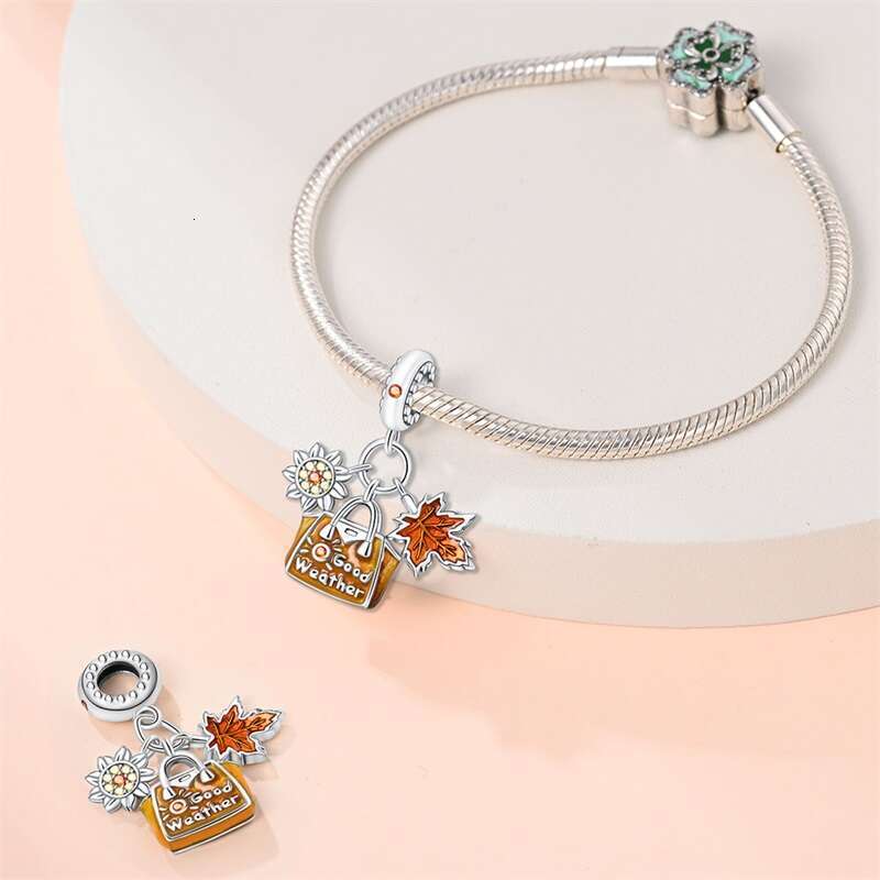 Autumn New 925 Sterling Silver Brown Maple Leaf Pumpkin Bee Charms Bead For Original Bracelets DIY Jewelry Warm Gift
