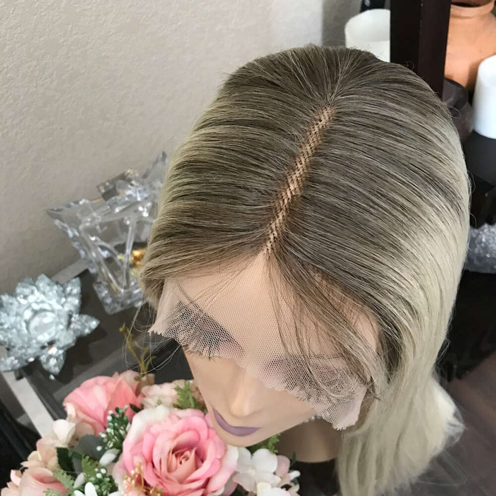 Platinum Blonde Straight Lace Front Wig For Women Synthetic Mixed Human Hair Wigs Heat Resistant Pre Plucked Ash Root Daily Wear