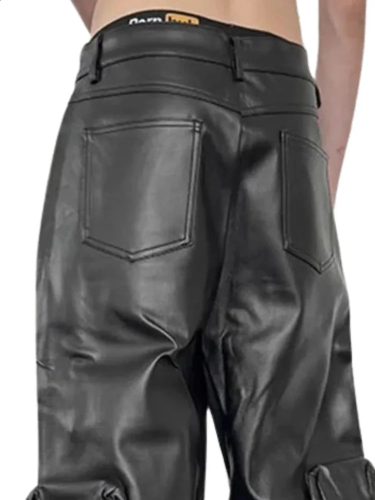 Mens black matte leather cargo pants mid waist loose straight pants with multiple pockets mens fashion Y2K PU Trouser customized Clubwear 240913