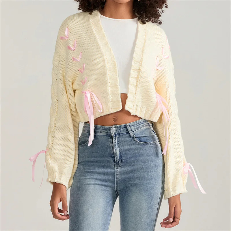 Chic Knitwear Cardigan Vintage Ribbon Bow Tie Up Knitted Sweater Women Y2k Aesthetic Harajuku Long Sleeve Outwear Autumn Winter 240904