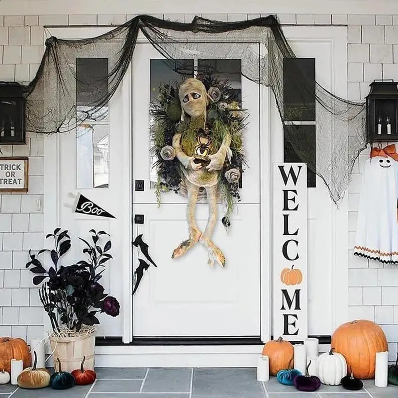 Beautiful Mummy Wreath Halloween Welcome Sign Door Wreath Front Door Ornament Scary Halloween Indoor Outdoor Decorations Wreath 240912