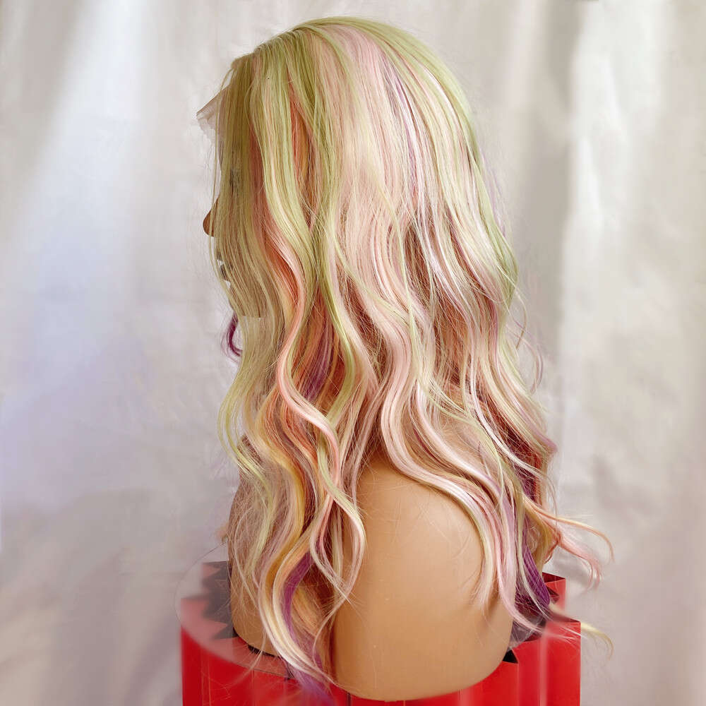 26" Rainbow Synthetic Purple Pink Blue Loose Wave 10% Human Hair 13X4 Lace Front Wig Heat Resistant Cosplay