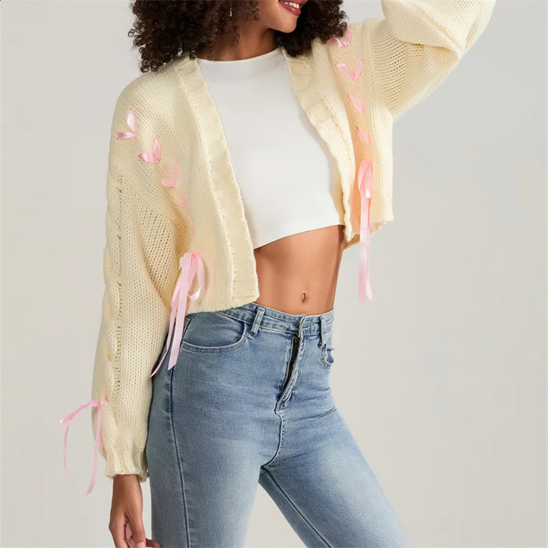 Chic Knitwear Cardigan Vintage Ribbon Bow Tie Up Knitted Sweater Women Y2k Aesthetic Harajuku Long Sleeve Outwear Autumn Winter 240904