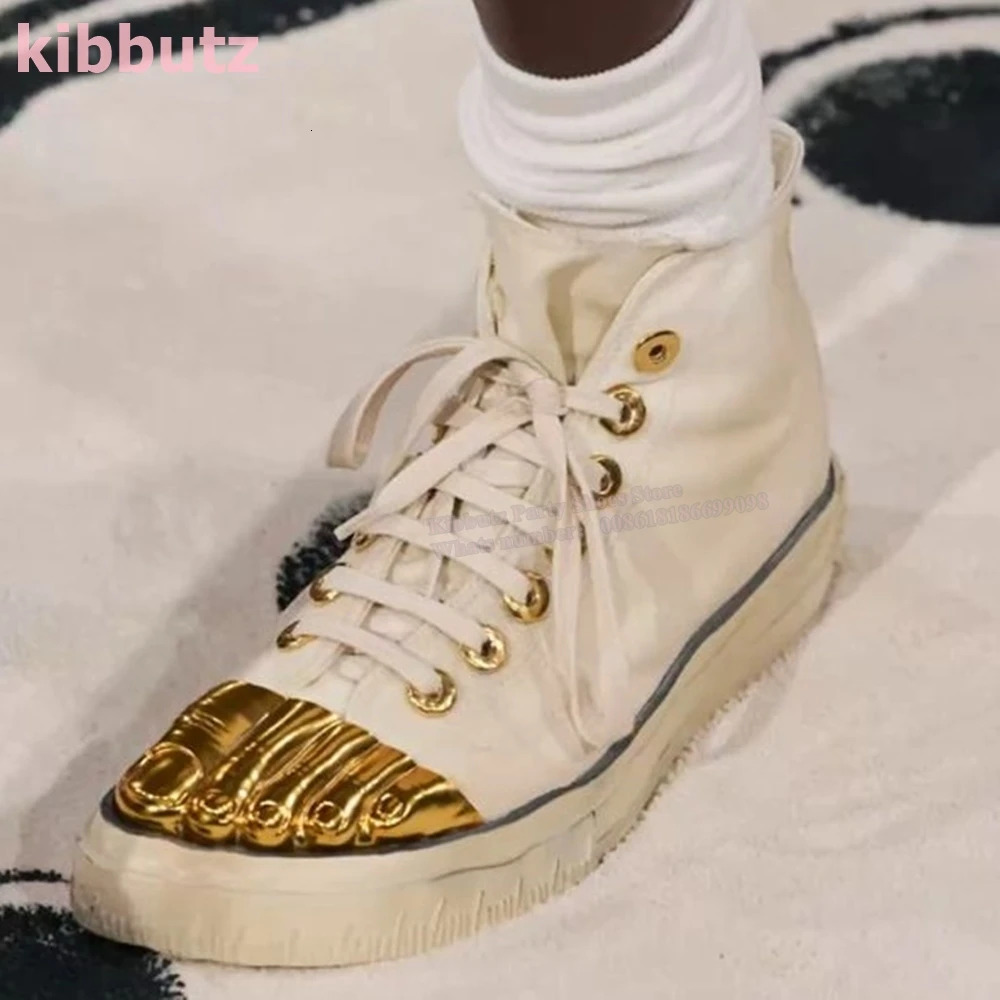 Five Finger Canvas Golden Brass Lace-Up Round Toe Height Increasing Fashion Sexy Novelty Concise Women Shoes Newest