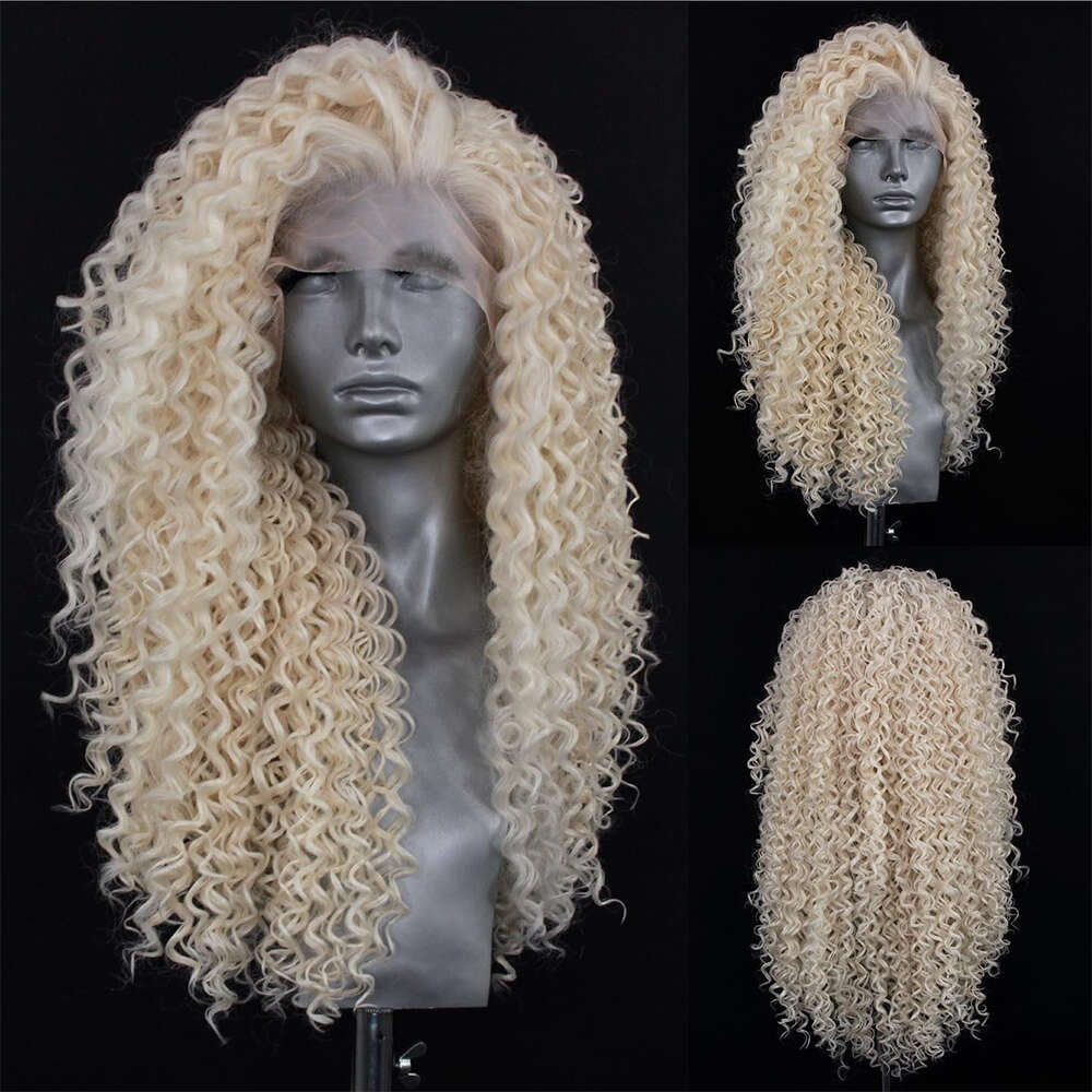 High Quality Heat Safe Synthetic Fibre Front Icy White Blonde Tight Curl Texture Full 150% HD Lace Curly Wig For Women