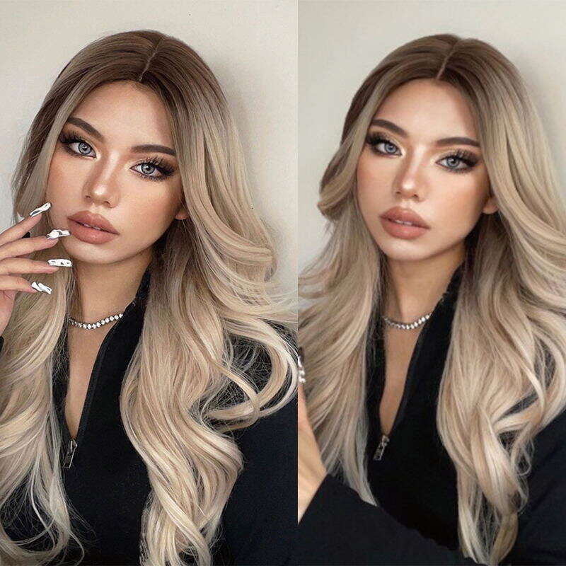 Synthetic Long Wavy Lace Front Wig Ombre Brown Light Blonde Human Hair Wigs 10% Mixed Cosplay Daily Heat Resistant For Women