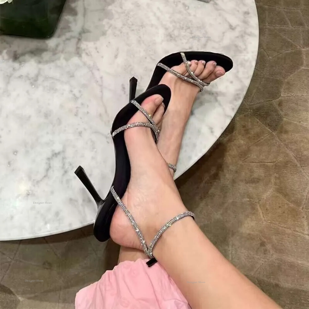 Gaga Beautiful Pink Fairy Style Sandals For Women 2024 New Water Diamond Cross Strap Sexy Thin High Heels