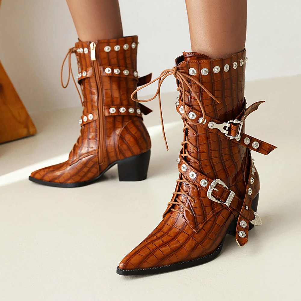 retro womens mid calf boots thick high-heeled shoelaces buckle boots corner toes rivet boots womens gothic punk party shoes 41 240914