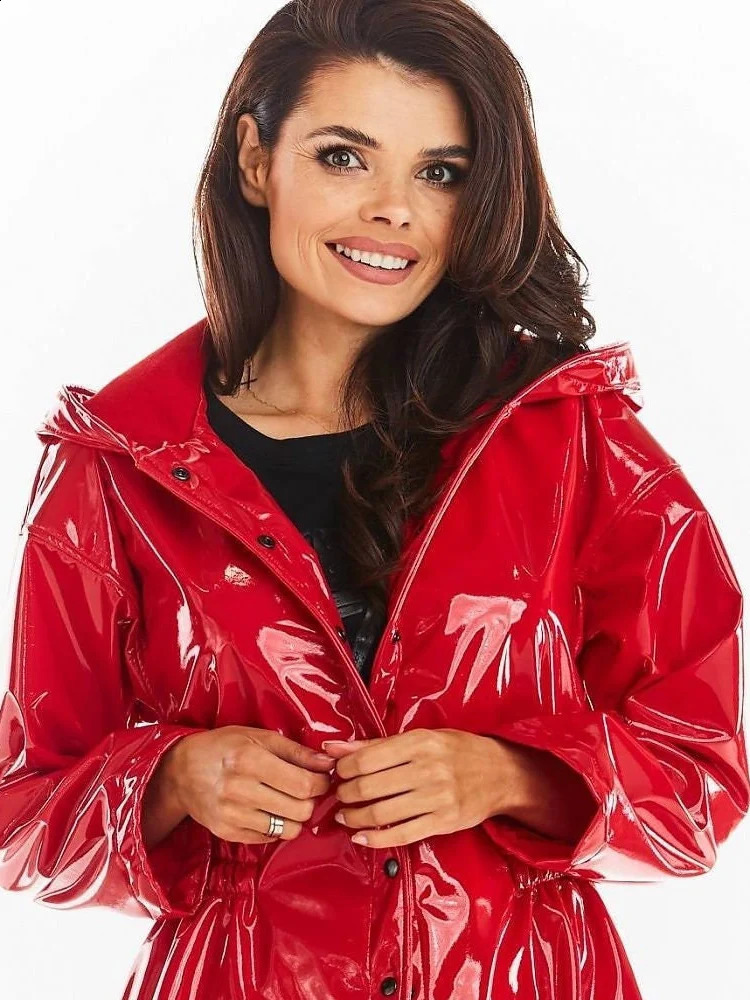 Women Casual Patent Leather Hooded Trench Loose Fashion PVC Long Coats Button Jackets Long Sleeve Plus Size PU Outwear Custom 240913