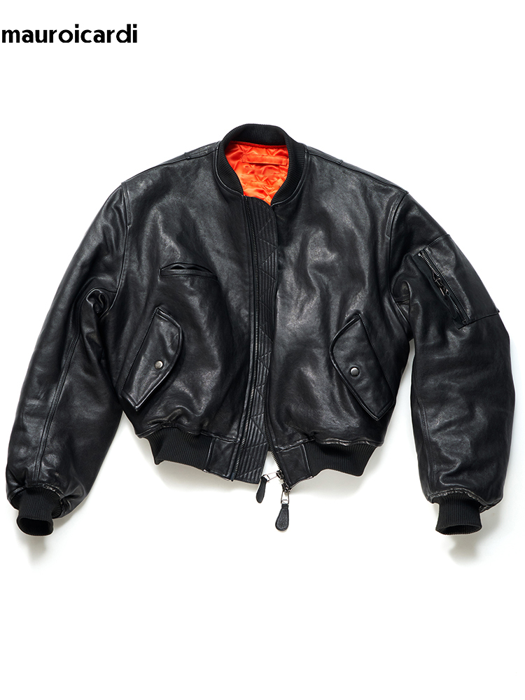Mauroicardi Autumn Winter Cool Handsome Short Vintage Thickened Warm Black Pu Leather Bomber Jacket Men Designer Clothes