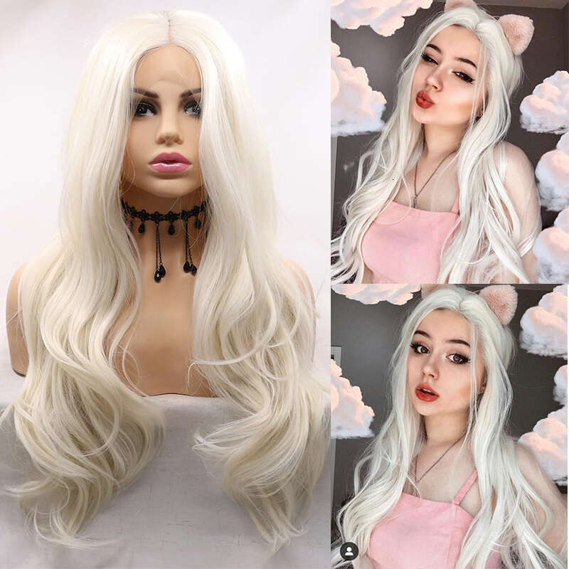 Platinum Blonde Synthetic Lace Front Heat Resistant Fiber White Wavy Natural Looking Fashion Wigs Cosplay Daily Wear 28"