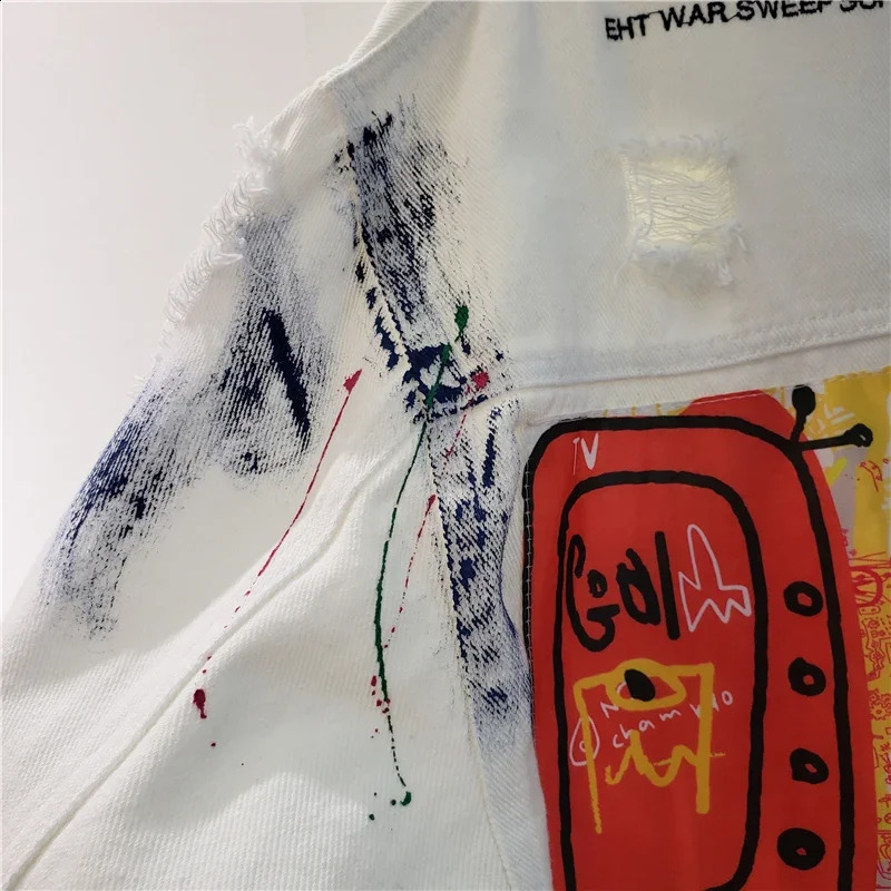 Hand drawn Graffiti Printed Womens Denim Jacket Spring and Autumn Casual Hole Jeans Jacket 240906