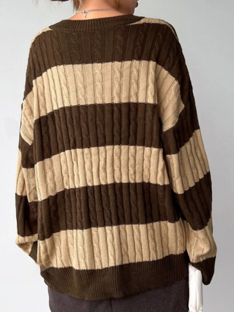 Suninbox Vintage V Neck Acrylic Knitted Sweaters Women Korean Fashion Long Sleeve Striped Sweater Pullover Autumn Winter Clothes 240904