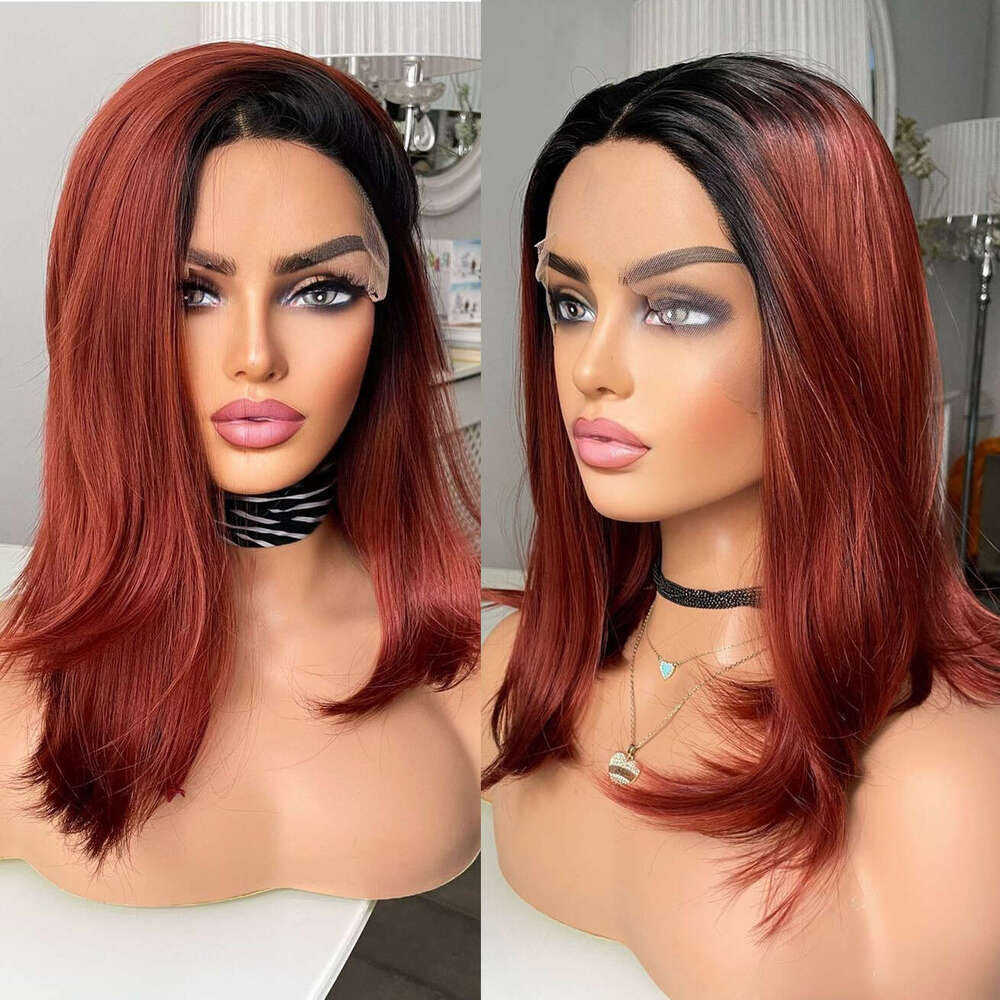 13X4 Ombre Copper Short Lace Front Silky Straight Bob Wig For Women Daily Use Cosplay Synthetic Hair