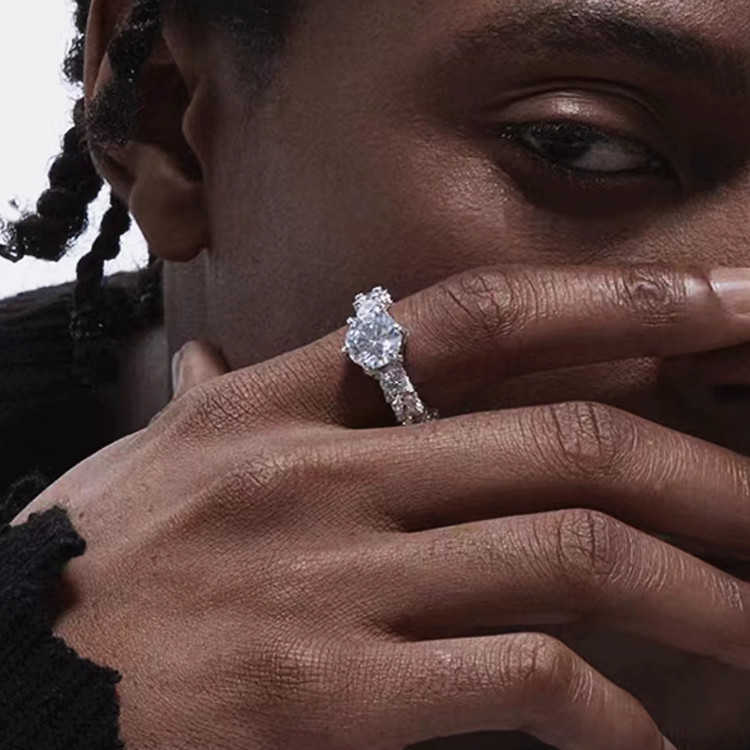 New Design Hip Hop Sier Round Cut D Color Moissanite Ring For Cuban Jewelry