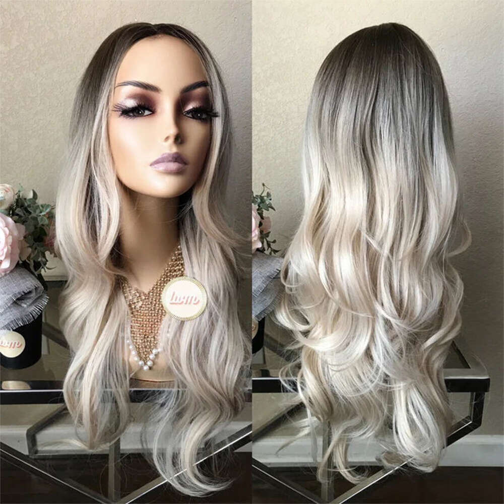 Black Roots Ombre Blonde Long Wave Synthetic Lace Front Wig For Women 10% Human Hair Wigs Heat Resistant Dailly Use 26" 150%